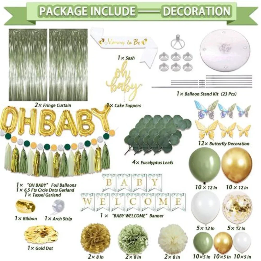 217 PCS Baby Shower Decorations Sage Green Neutral Party Supplies Banner Balloon